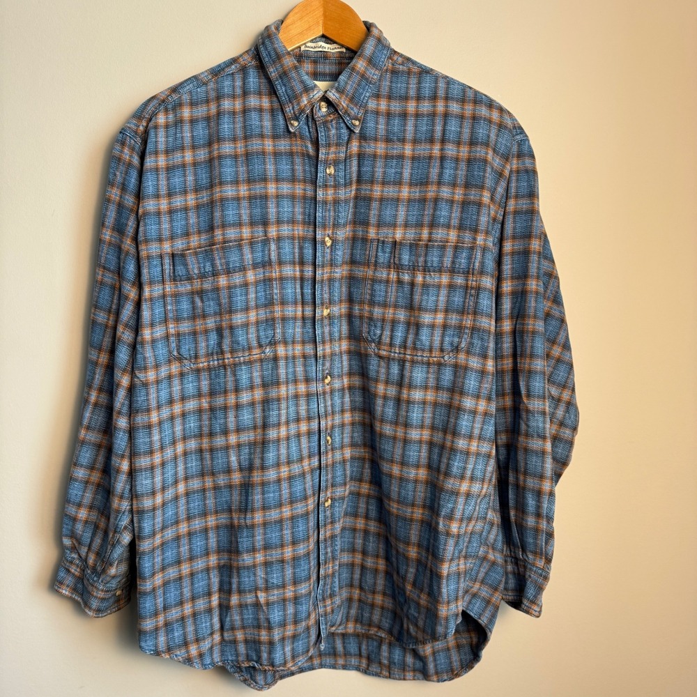 Eddie Bauer Bainbridge‎ Flannel Shirt Men's Large Blue Brown Plaid Vintage Retro